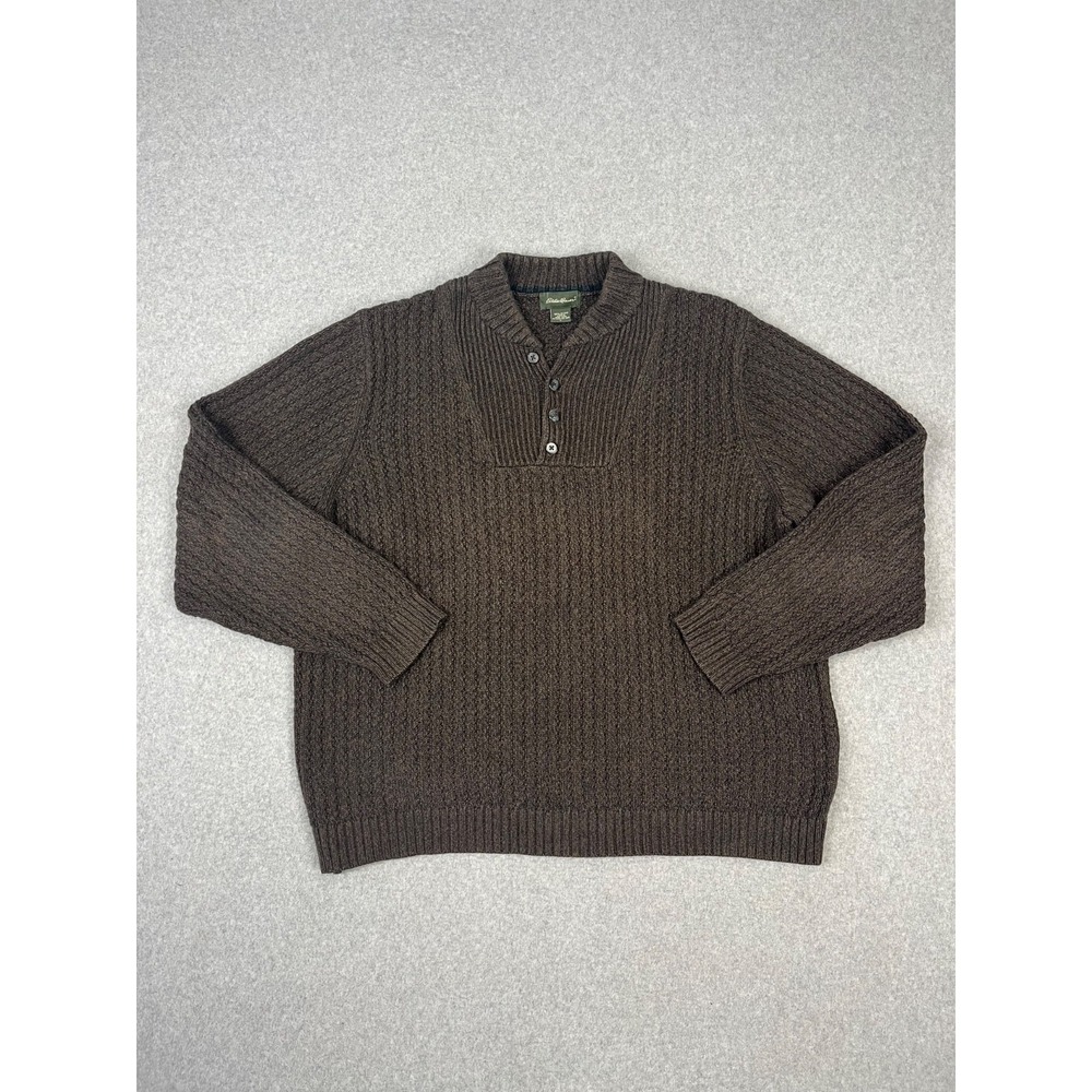 Vintage Eddie Bauer Henley Sweater Mens L Brown Medium Knit Fisherman Pullover